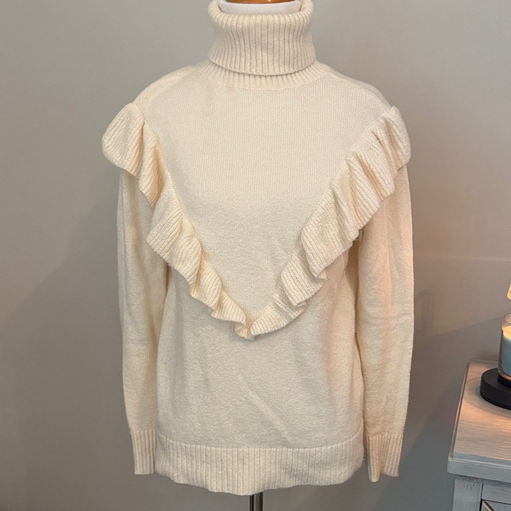 Ann Taylor Factory Cream Turtleneck Sweater with Ruffles, XS